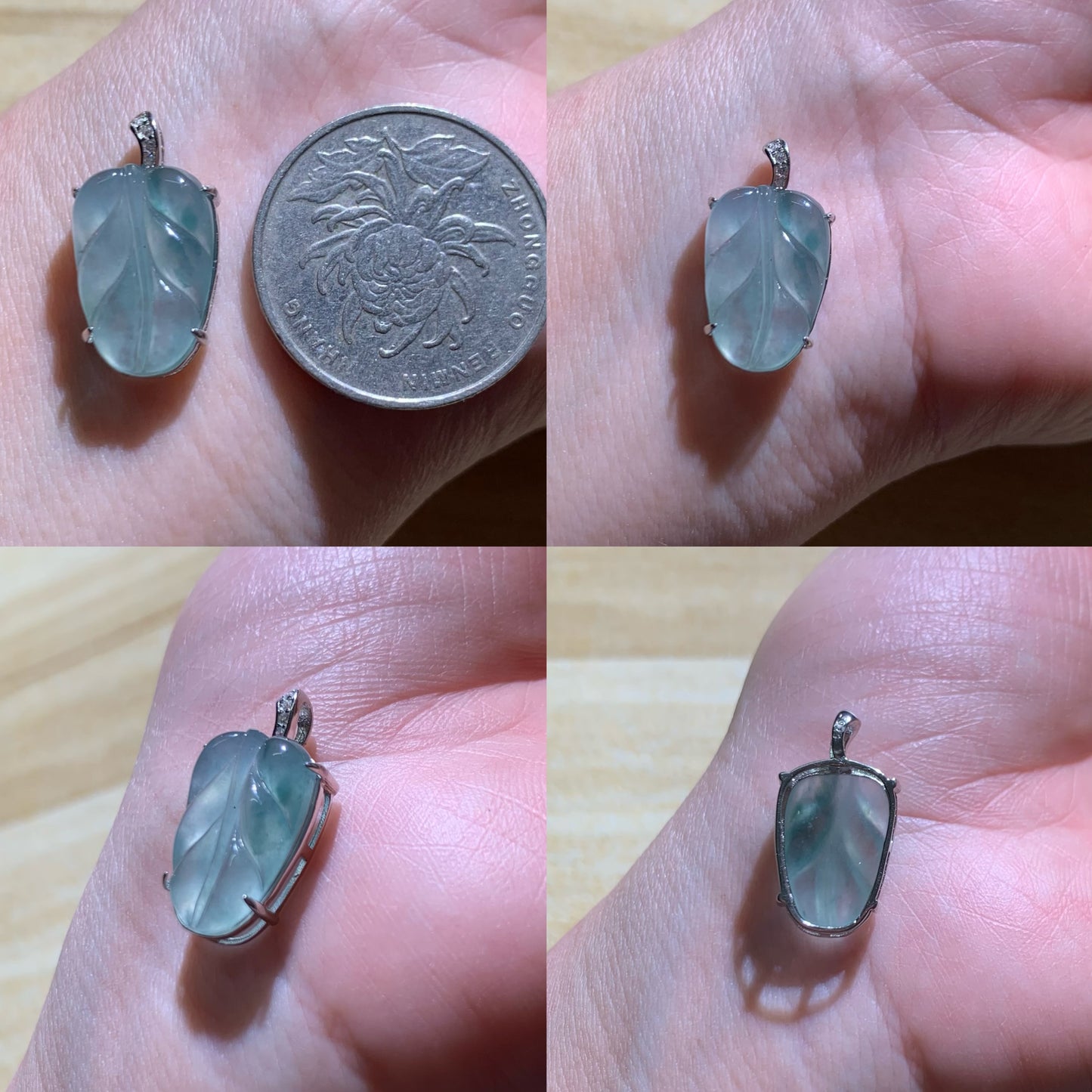 天然翡翠A货缅料高冰飘花叶子吊坠通体925银镶